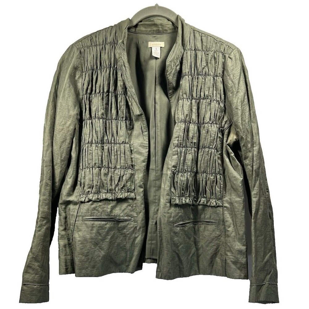 Chico's Womens Jacket Olive Green Size Medium Ruched Smocked Long Sleeve Pockets